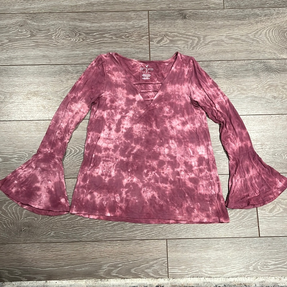 American Eagle Soft & Sexy Bell Sleeve Top, Mauve Tie Dye, Size Small